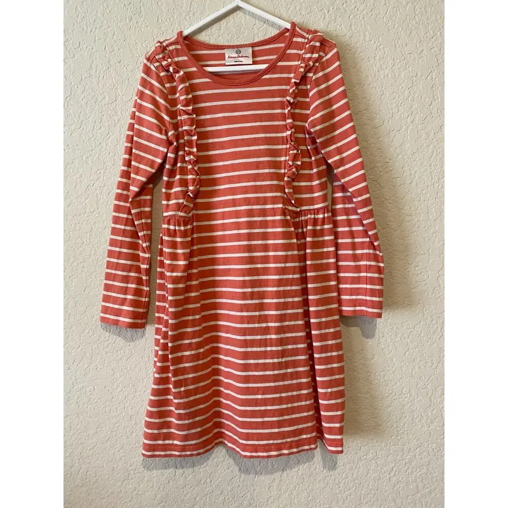 Hanna Andersson Pink White Striped Dress Size 120 6-7 100% Cotton Beach Ruffles